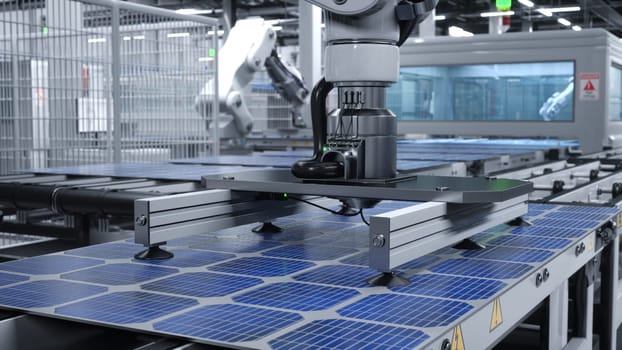 Heavy machinery in cutting edge solar panel factory maneuvering photovoltaic modules. PV cells produced in sustainable energy based facility with assembly lines, 3D rendering illustration