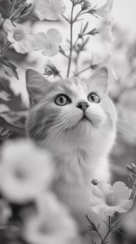 A cat looking up through a bunch of flowers in black and white