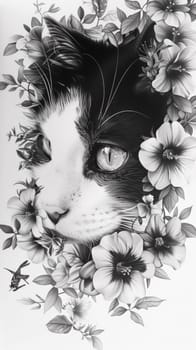 A black and white drawing of a cat surrounded by flowers