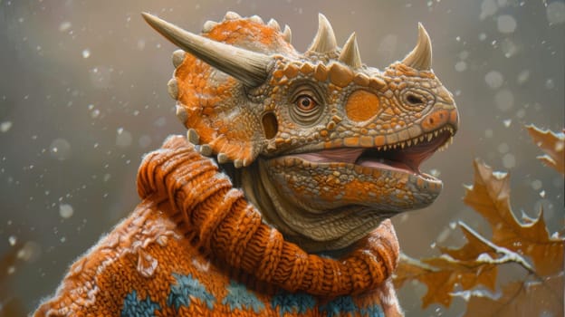 A close up of a dinosaur wearing an orange sweater