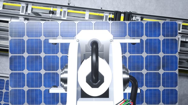Aerial shot of cutting edge robotic arm placing solar panel on production line in green energy factory, 3D illustration. Machinery unit placing PV cells on modern conveyor belts, top down shot