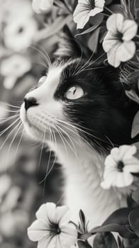 A black and white photo of a cat looking up through flowers