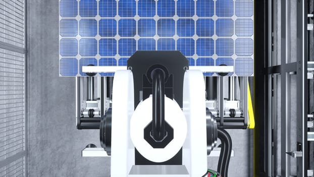 POV of robotic arms moving solar panels on conveyor belts during high tech production process in green energy factory, 3D illustration. Heavy equipment unit placing PV cells on assembly lines