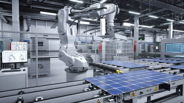 Solar panels moved on conveyor belts during high tech production process in green energy factory, 3D render. PV cells used to produce alternative electricity being placed on industrial assembly lines