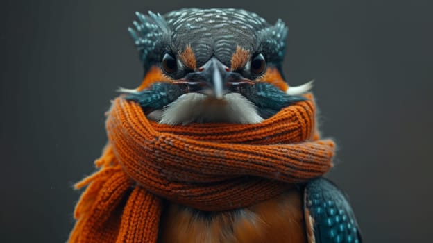 A close up of a bird wearing an orange scarf