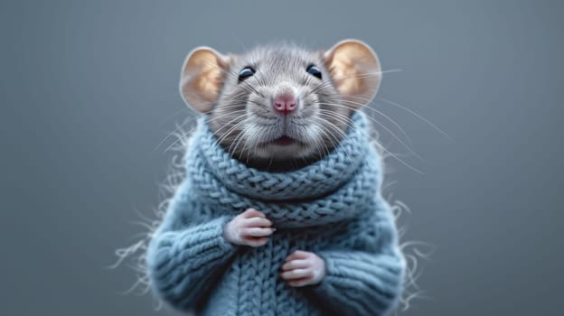 A close up of a rat wearing an oversized sweater