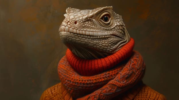 A lizard wearing a red sweater and scarf with its head turned