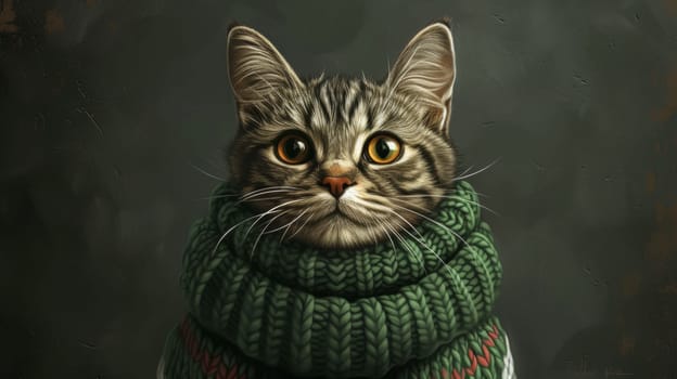 A painting of a cat wearing an ugly sweater and scarf