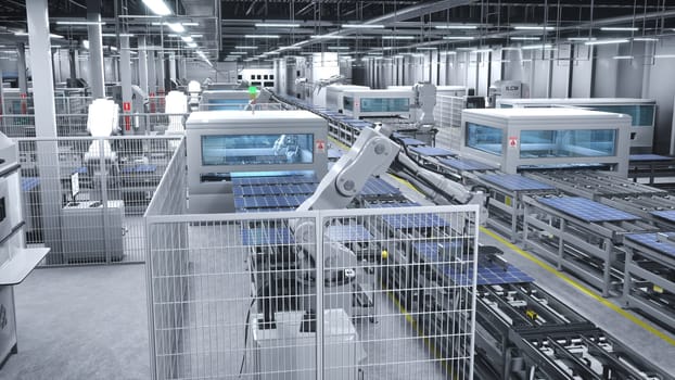Industrial solar panel warehouse with high tech robot arms placing photovoltaic modules on assembly lines, 3D illustration. Manufacturing facility producing photovoltaics for green energy industry