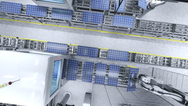 Top down view of solar panel factory with industrial robot arms placing PV modules on conveyor belts, 3D illustration. Aerial shot of mass production warehouse producing renewable energy solar cells