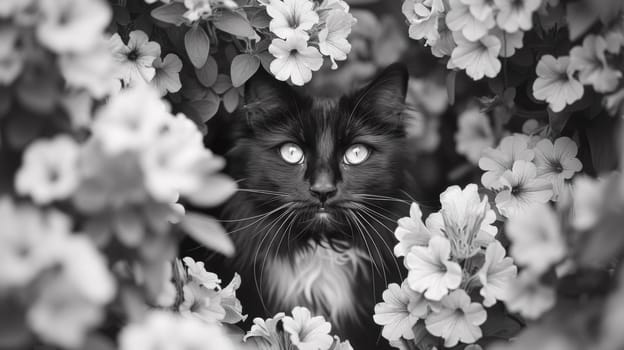 A black and white photo of a cat in the middle of flowers