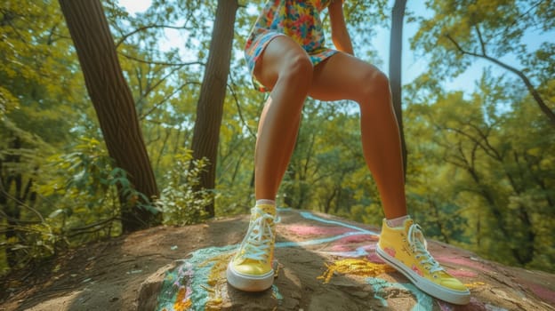 A woman in a dress and yellow sneakers standing on top of some rocks