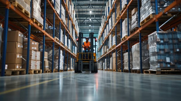 A man operates a forklift amidst shelving and fixtures in a warehouse, while moving wooden flooring for an upcoming event. AIG41