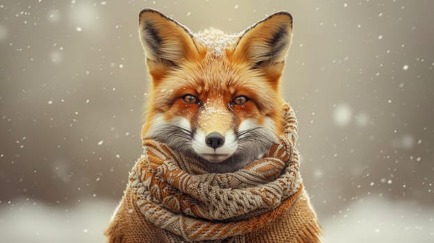 A fox wearing a scarf in the snow