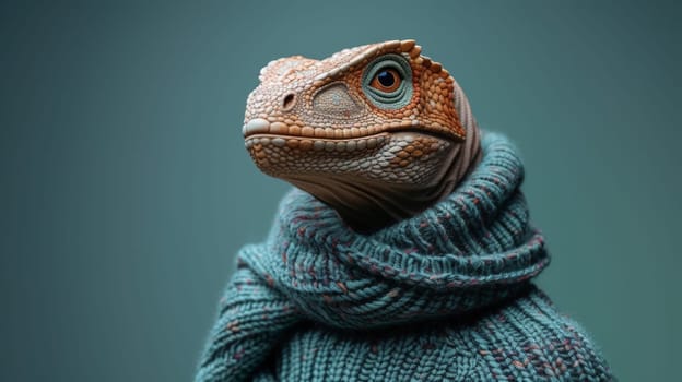 A lizard wearing a sweater and standing on its hind legs