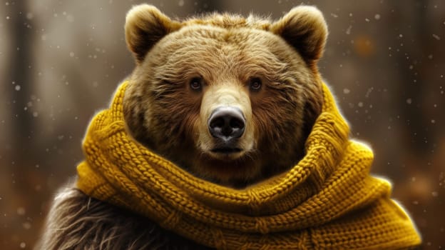 A close up of a bear wearing a yellow scarf