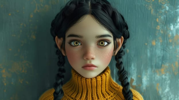 A close up of a doll with long black hair and braids