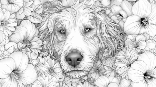 A dog is surrounded by flowers in a coloring book