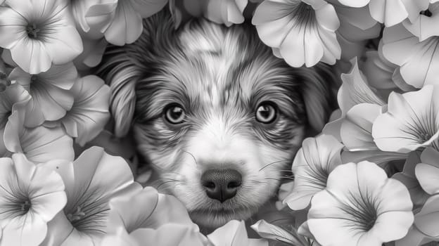 A dog is surrounded by flowers in a black and white photo