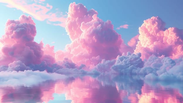 A pink cloud filled sky with water reflecting the clouds