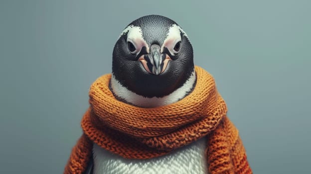 A penguin wearing a scarf and standing on it's feet
