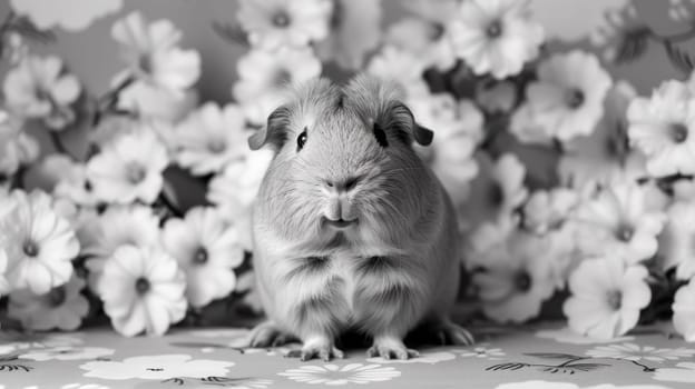 A black and white photo of a guinea pig in front of flowers