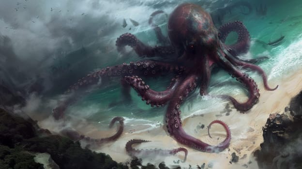 An octopus is swimming in the ocean near a beach