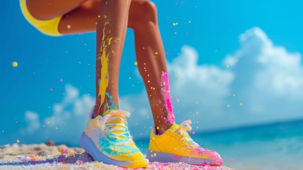 A woman in yellow and blue sneakers standing on a beach