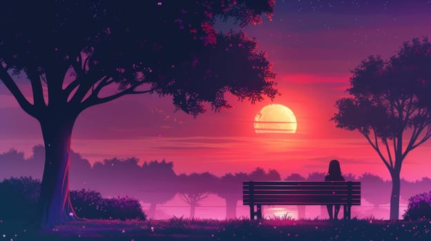 A person sitting on a bench in the park at sunset