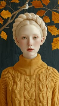 A woman in a yellow sweater with a bird on her head