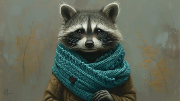 A painting of a raccoon wearing a scarf and jacket