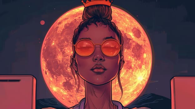 A woman with sunglasses and a crown is looking at the moon
