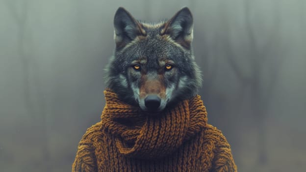 A wolf wearing a sweater with eyes and ears
