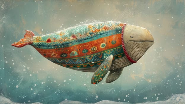 A whale with a colorful sweater is swimming in the water