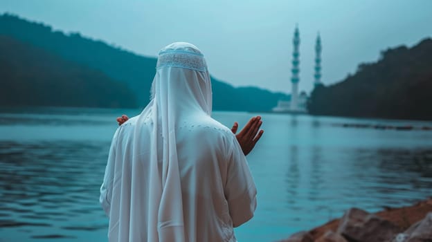 A man in white robe standing by a body of water