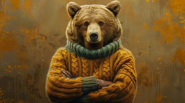 A bear wearing a sweater and standing with arms crossed