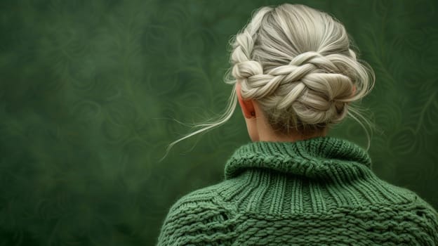 A woman with a green sweater and blonde hair in an updo