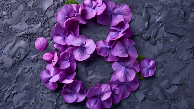 A number eight made of purple flowers on a gray background