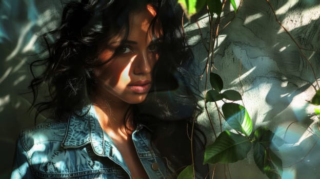 A woman in a denim jacket with long dark hair