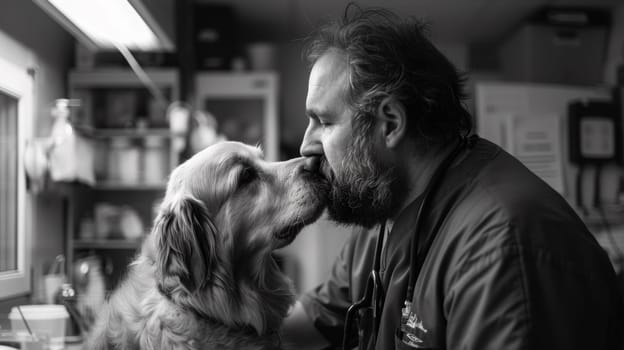 A man kissing a dog on the nose in black and white