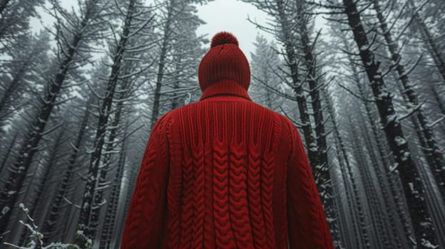 A person in a red sweater standing next to trees