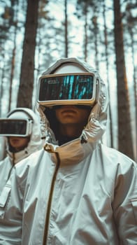 Two people wearing virtual reality goggles in the woods