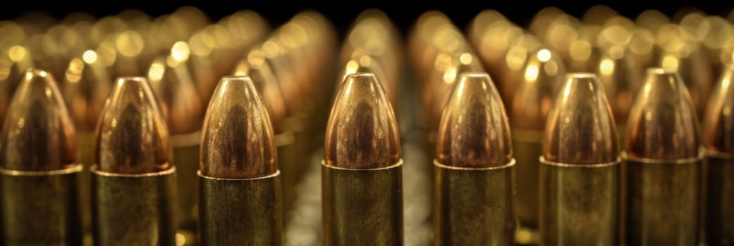 A close up of a row of bullets with gold tips