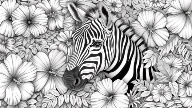 A zebra is surrounded by flowers in a black and white image