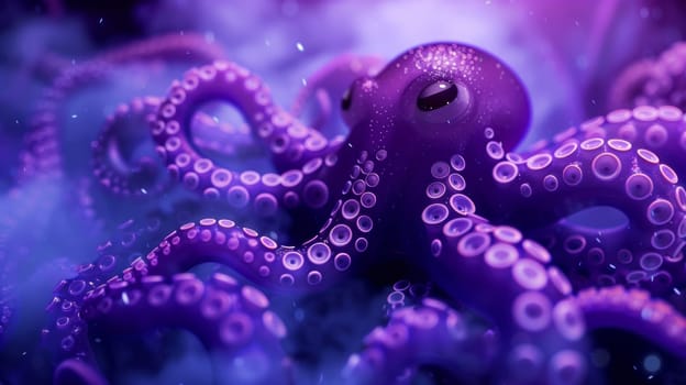 A purple octopus with large eyes and tentacles is shown