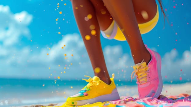 A woman in yellow and pink sneakers standing on a beach