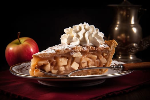 A slice of apple pie topped with whipped cream, served on a plate.