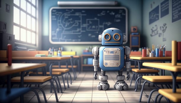A friendly robot stands in a vintage classroom, surrounded by educational tools