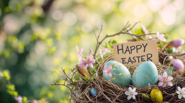 A charming Easter nest adorned with colored eggs, delicate pink blossoms, and a 'Happy Easter' sign amidst a soft, bokeh background - Generative AI