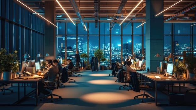 A gathering of individuals occupies office desks in a building during nighttime. The room features water fixtures, tables, and glass elements. AIG41